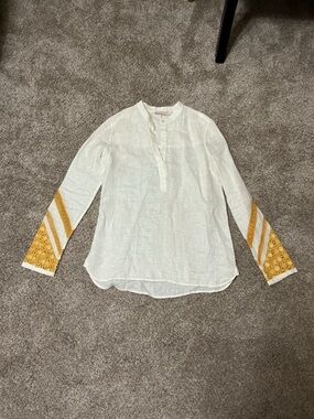 Tory Burch White Linen Tunic with Mustard Embroidered Cuffs